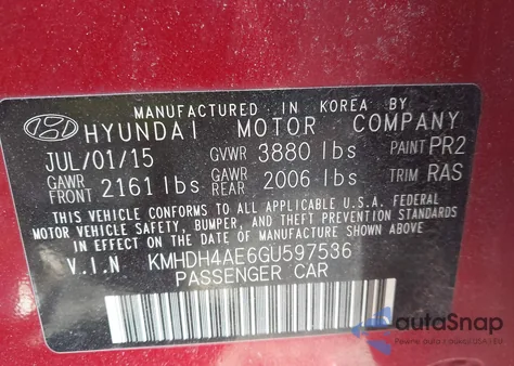 2016 Hyundai Elantra Limited z USA, uszkodzony, nr VIN KMHDH4AE6GU597536